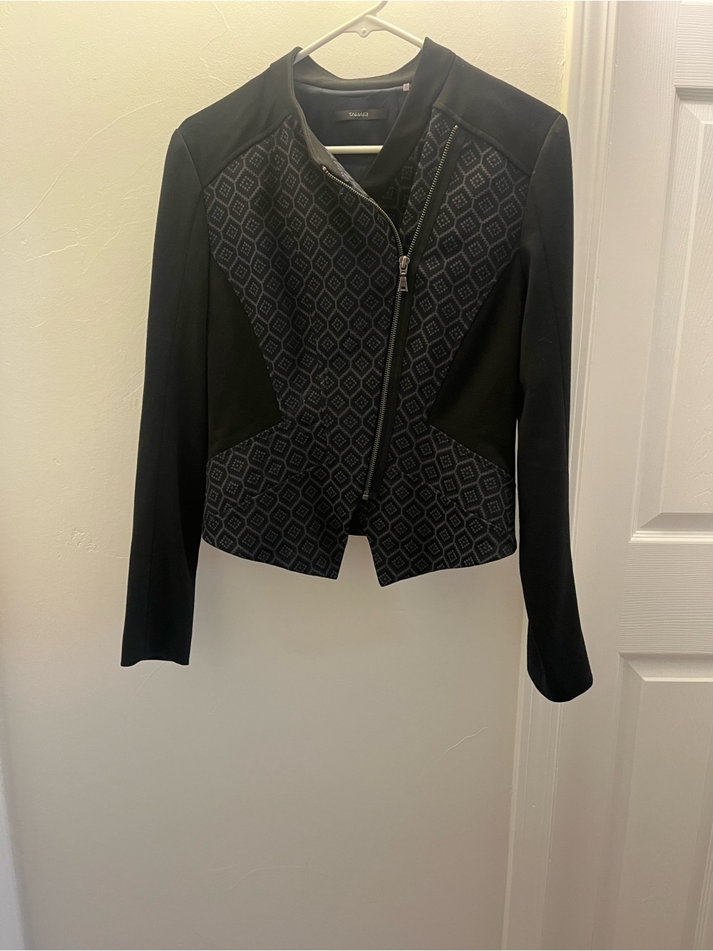 Tahari Black Geometric-Panel Zip Front Blazer